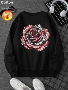 Men's Autumn/Winter Cotton Fleece-Lined Crew Neck Loose Fit Sweatshirt With Rose Print - Black - View 3