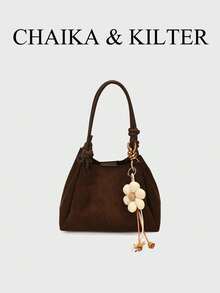 1pc Small Bucket Suede Fabric Handbag Suitable For Commuting, Shopping, Etc. (With Pendant) - Coffee - View 2