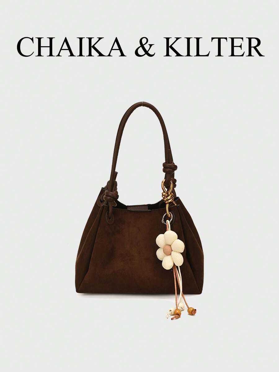 1pc Small Bucket Suede Fabric Handbag Suitable For Commuting, Shopping, Etc. (With Pendant)