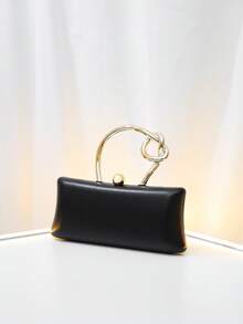 Women's Evening Clutch, Rectangular Hard Shell Handbag, PU Leather, Knotted Metal Top Handle, Minimalist Luxury Style, Suitable For Wedding Cocktail Party - Black - View 5