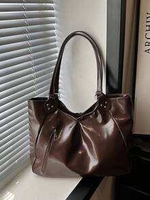 1pc Coffee Brown Metal Rivet Decor Large Capacity Solid Color PU Tote Bag Women's Shoulder Bag - Coffee Brown - View 3