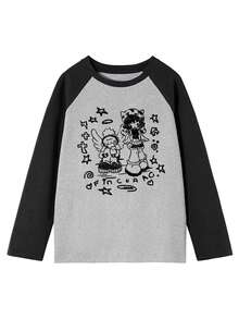 Autumn/Winter New Y2K Colorblock Anime Character Print Casual Loose Japanese Style Long Sleeve T-Shirt, Versatile Everyday Top For Students - Dark Gray - View 5