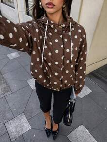 Mantel Trench Pendek Polkadot Vintage Wanita, Atasan Longgar Elastis dengan Tali Serut dan Tudung - Coffee Brown - View 5