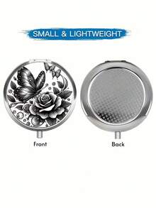 1pc Black & White Butterfly Rose Print Metal Box, Dual Compartment Convenient Round Pill Box, Multi-Functional Design, Can Store Vitamins, Capsules, Pills And Jewelry, Easy To Carry, An Exquisite Accessory - Multicolor - View 3