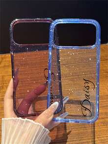 [Customized] Personalized Customized Letters Engraving Name Simple Bling Glitter Transparency Pattern Phone Case Compatible With IPhone 18 Pro Max 18 Pro 17 Pro Max 16 15 14 13 12 Pro Max 14 15 16 Plus Shockproof Protective Cover - Burgundy - View 5
