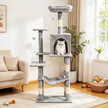 146cm Multi-Level Cat Tree With Condo, Hammock, 3 Perches, Sisal Scratching Posts And Hanging Toys, Grey Indoor Cat Activity Tower - Light Grey - View 2