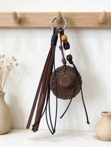 Vintage Denim Hat Keychain, Hot Girl Style Hat Strap Beaded Bag Charm - Coffee - View 7