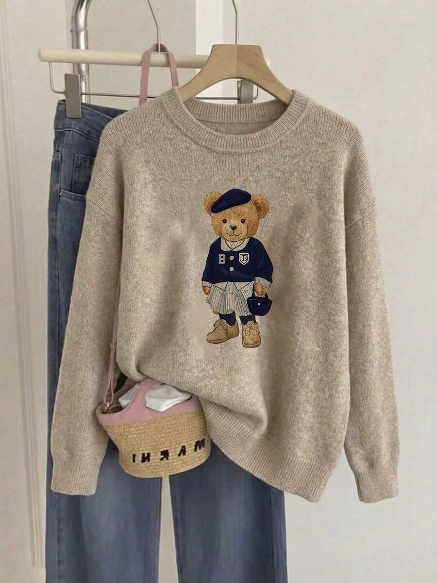 Plus Size Women's Comfortable Winter Faux Sweater - Cute Teddy Bear Design Round Neck Long Sleeve Top Soft Casual Faux Sweater - Earth Gray - View 1