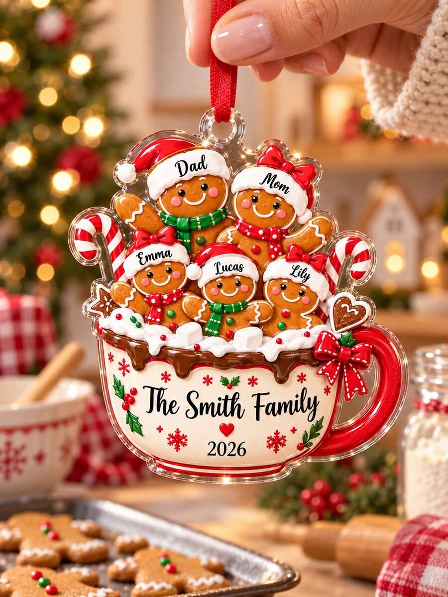1pc Custom Personalized Family Christmas Ornament 2026, Gingerbread Mug Ornament, Custom Family Name Acrylic Holiday Keepsake,Xmas Tree Decor,Christmas Gift - Multicolor - View 1