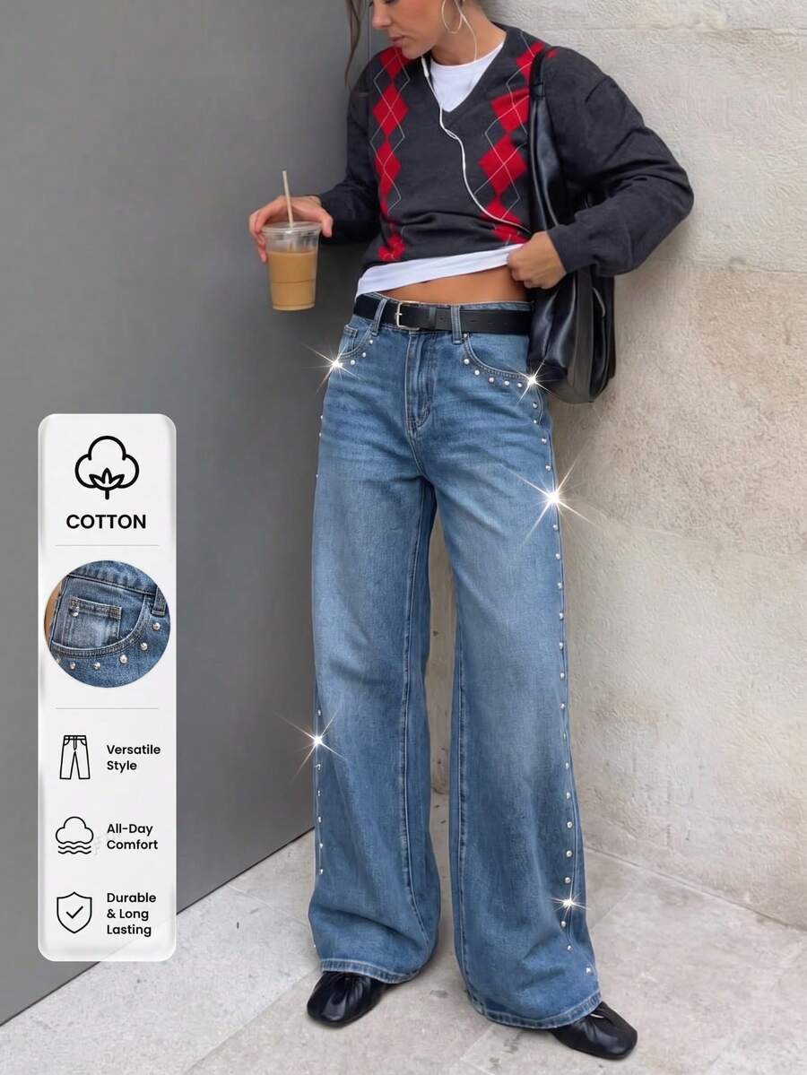 1pc Casual Denim Rivet Inlaid Cat Whisker Pattern Women's Low Waist Wide Leg Jeans, Suitable For Dating, All Seasons, Autumn/Winter, New York Fashion Week - Medium Wash - View 1