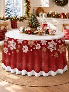 1 buah Rok Meja Natal, Motif Kepingan Salju Merah Putih, Penutup Meja Bundar Berumbai dari Poliester, Rok Meja Dekoratif Meriah untuk Meja Makan, Meja Hidangan Penutup, Prasmanan, Pesta Natal, Makan Malam Liburan, Dekorasi Rumah Musim Dingin - C - View 5