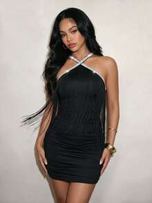 Women's Sexy Tassel Halter Neck Short Fitted Dress For Date Romantic Party - Black - View 4