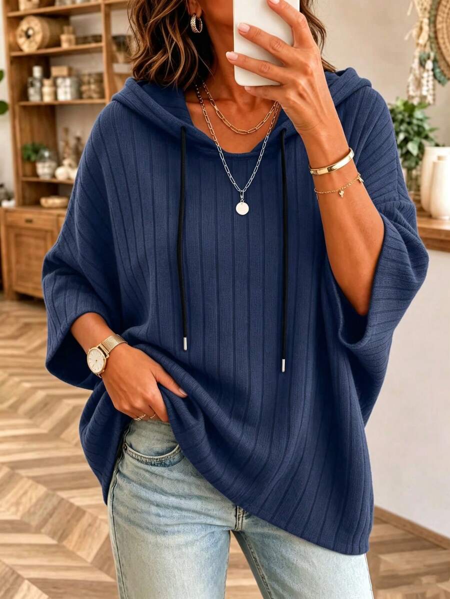 Pullover Wanita Warna Polos Bergaris dengan Tudung, Tali Serut, Leher V, Lengan 3/4 Model Kelelawar, Atasan Kasual Longgar, Musim Gugur/Dingin - Navy Blue - View 1