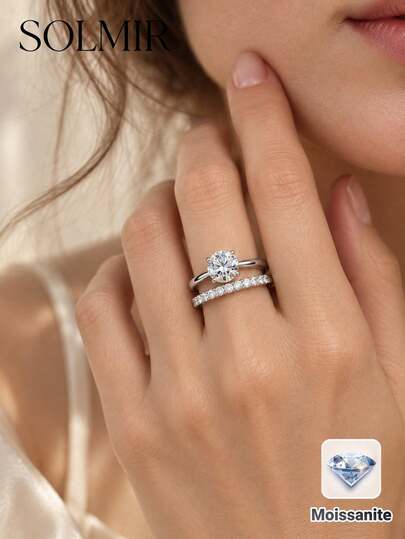 1 Set Anillo de Compromiso y Banda de Boda de Plata de Ley 925 con Moissanita para Mujer, Anillo de Promesa de Aniversario, Regalo de Joyería