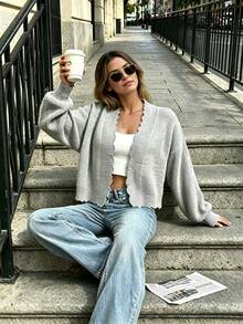 HOMEYEE Solid Color Wavy Trim Knit Cardigan Women No Buttons V-Neck Lantern Petal Sleeve Loose Short Length Soft Style Outerwear Sweater - Light Grey - View 9