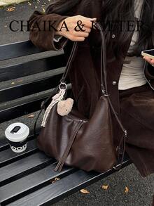 1pc Fashion Crescent PU Fabric Shoulder Bag Suitable For Commuting, Shopping, Etc. (With Pendant) - Coffee - View 12