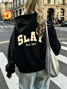 كنزة نسائية، كنزة فضفاضة بأكمام طويلة مبطنة بالصوف للخريف/الشتاء، تتميز بطباعة "Slay All Day" - الأسود - مشاهدة 2