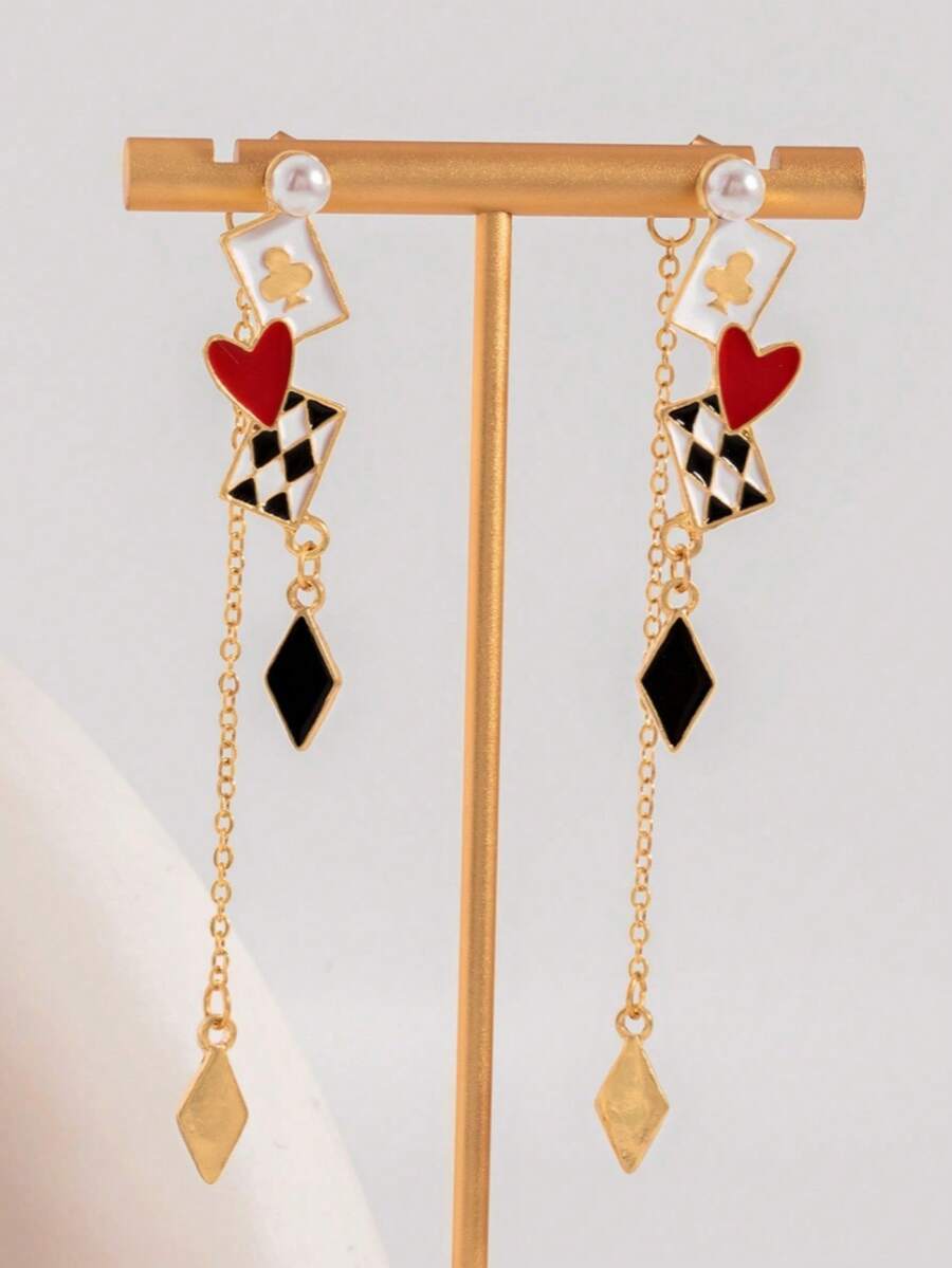 1 Pair Creative Poker Card Oil Drop Long Tassel Earrings For Women, Fun Heart Spade Checkerboard Pendant Earrings, Niche Personalized Exaggerated Ear Dangles - Multicolor - View 1
