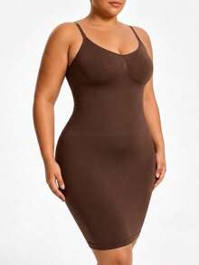 Women's Solid Color Ribbed Knit Bodycon Midi Dress, Adjustable Spaghetti Strap V-Neck Slim Fit Pencil Dress, High Elasticity For Date Party Daily Wear - Coffee Brown - View 5