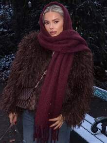1pc Women's Burgundy Christmas Red Solid Color Versatile College Style Elegant Thick Faux Fur Warm Scarf, Suitable For Autumn/Winter Cold Weather Shopping And Outfit - Burgundy - View 2