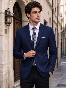 Men's Solid Color Business Suit Jacket, Suitable For Formal Occasions, Formal Wedding Attire, Casual Commute Business Wear - Navy Blue - View 1