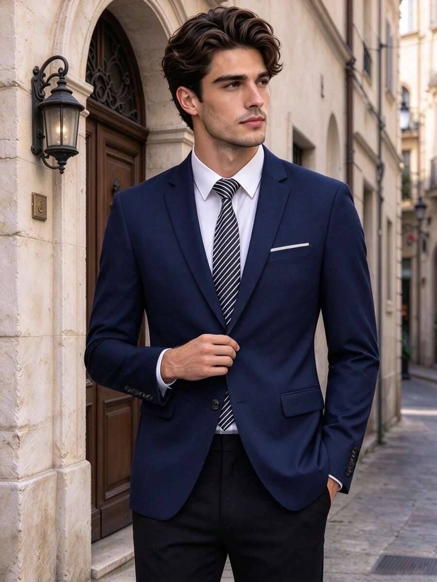 Men's Solid Color Business Suit Jacket, Suitable For Formal Occasions, Formal Wedding Attire, Casual Commute Business Wear - Navy Blue - View 1