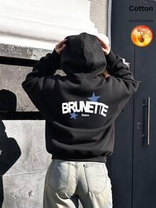 Women's Hooded Sweatshirt, Autumn/Winter Thermal Lined Long Sleeve Loose Fit Sweatshirt, Letter & Star Pattern - Black - View 11