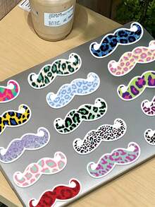 50Pcs Colorful Leopard Print Beard Stickers Colorful Cartoon Aesthetic Decals Y2K Funny Fake Mustache Stickers For Phone Case Laptop Journal Scrapbooking - Multicolor - View 8