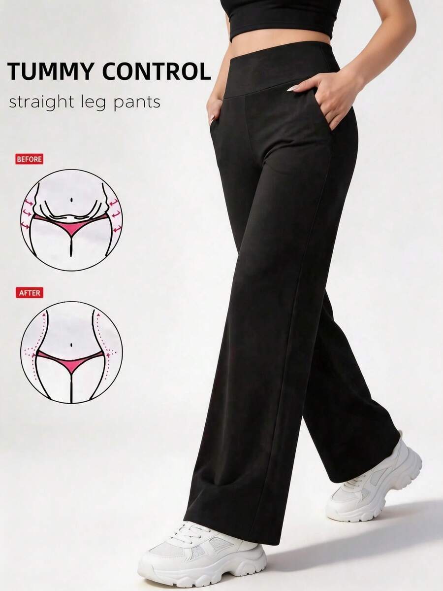 Hotalk Plus Size Solid Color High Waist Casual Straight Stretch Pants Black, Work To Weekend - Black - View 1