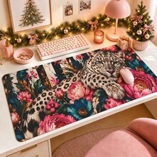 1pc Leopard Peony Floral Mouse Pad, Vintage Snow Leopard Pink Flower Stripe Pattern Extended Desk Mat For Home Office And Gaming, Sizes S/M/L/XL - View 1