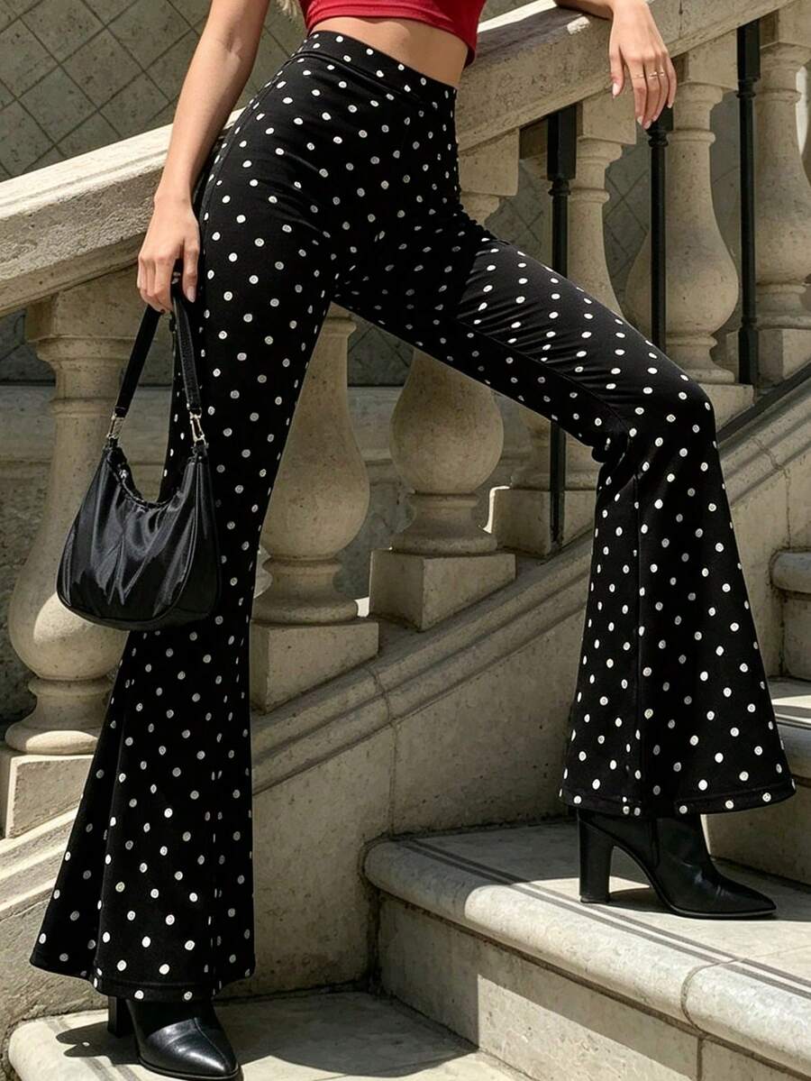 Spring/Autumn Vintage French Style Black & White Polka Dot High Waist Flared Pants, Slim Fit Elegant Slimming Versatile Bell Bottoms - Black - View 1