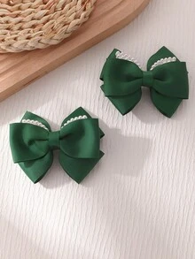 2pcs/Set Girls Ribbed Webbing Heart Rhinestone Hair Clips Suitable For Daily Decoration - Green - View 6