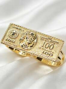 1pc Hip-Hop Style Gold-Plated 100 Dollar Bill Double Finger Ring, Unisex Vintage Embossed Dollar Sign Connected Ring, Suitable For Music Festivals, Parties, Gatherings, Shopping, Best Gift For Boyfriend - Gold - View 1