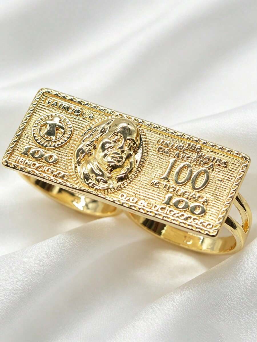1pc Hip-Hop Style Gold-Plated 100 Dollar Bill Double Finger Ring, Unisex Vintage Embossed Dollar Sign Connected Ring, Suitable For Music Festivals, Parties, Gatherings, Shopping, Best Gift For Boyfriend - Gold - View 1