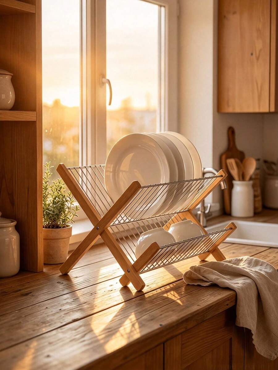 Double-Layer Collapsible Dish Drying Rack, Sloped Draining Metal Grid, Space-Saving Tableware Storage Shelf For Home Kitchens