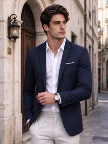Men's Suit Jacket, Elegant Men's Suit Jacket, Business Banquet, All Season Formal Professional Wear, Suitable For Wedding Party, Office, Company Events - Navy Blue - View 2