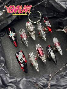 10片手工全包尖頭穿戴甲，黑色龐克風秋季美甲，3D浮雕愛心、水鑽、鏈條、蕾絲圖案設計，適合日常造型、Cosplay、節日與主題派對，女性日常美甲產品，Y2K風格 - 黑色 - 查看 2