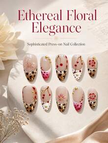 10Pcs Almond Press On Nails,Fall Winter Floral Leopard Fake Nails,3D Pink Flower Charms,Hand‑Painted Red Floral Branch Print, Leopard Print,Pink‑Red Heart Gradient,Gold Metal Bead Decor,Contrast French Tip,Glossy Reusable False Nail Tips For Daily - Multicolor - View 9
