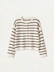 Mori Women's Autumn/Winter Striped Y2K Long Sleeve Button-Up Cardigan Round Neck Knit Sweater, Suitable For Outings, Parties And Vacations - Off-white With Black and Tea-brown - View 7