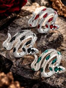 1pc Women's Snake Ring, Vintage Rhinestone Snake Element Open Adjustable Ring, European And American Personalized Punk Style Fashion Ring, Daily Wear Party Jewelry Gift - Multicolor - View 2