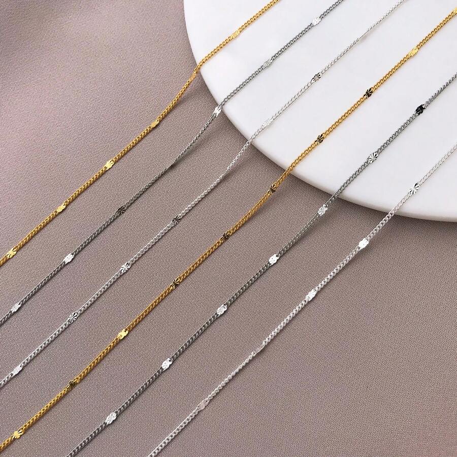 1pc Brass Sunflower Station Blank Necklace Chain Thin Cable Chain With Embossed Sun Links Gold Silver Tone DIY Jewelry Making Chain Base