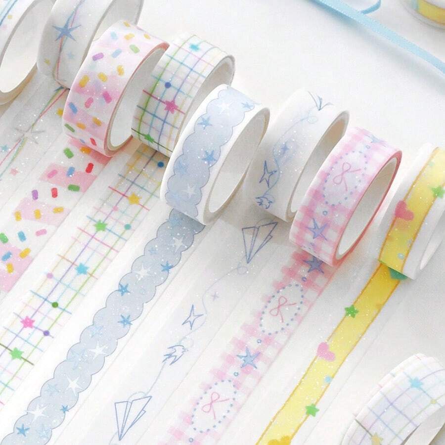 1pc Glitter Basic Salt-Style Planner Washi Tape, Salt-Stained Galaxy Paper Airplane & Bow Collage Material For Girls - Round - View 1
