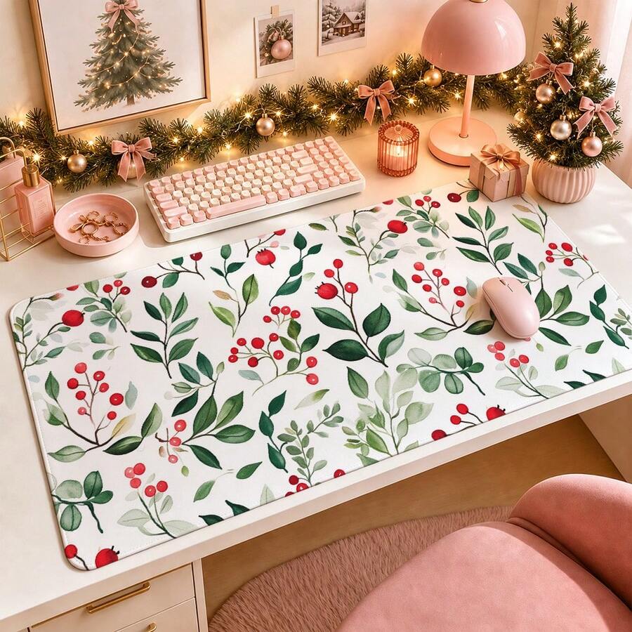 1pc Watercolor Green Leaf Red Berry Mouse Pad, Botanical Eucalyptus Christmas Floral Pattern Extended Desk Mat For Home Office And Gaming, Sizes S/M/L/XL - View 1