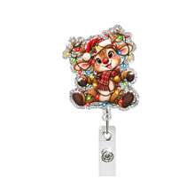 1pc Glitter Christmas Animal Acrylic Retractable Badge Reel, Reindeer Cat Design, Nursing ID Holder Badge Clip - Multicolor - View 3