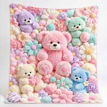 1pc Macaron Color Bear & Floral Print Flannel Throw Blanket, Sofa Decorative Blanket - Multicolor - View 7