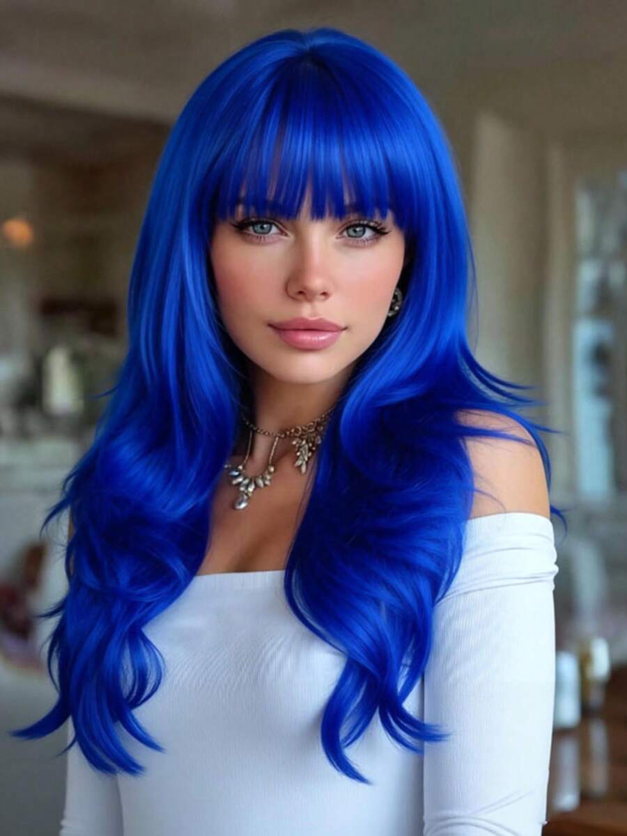 28 Inch Wavy Wig With Bangs, Heat-Resistant Fiber Material, Fluffy And Smooth, Natural Styling, Suitable For Cosplay, Music Festival, Daily Wear, Essential Halloween Party Wig For All Women - Blue - View 1