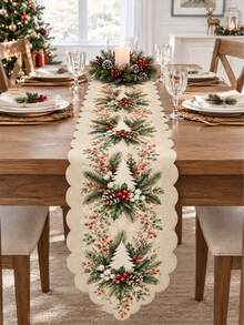 Christmas Linen Table Runner, Pine Branch Red Berry Pine Cone Christmas Tree Print Wavy Edge Dining Table Decor, Winter Holiday Restaurant Home Decoration, Christmas Decoration - A - View 12