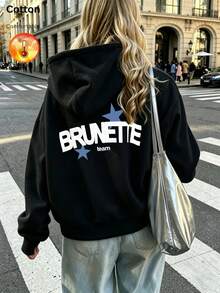 Women's Hooded Sweatshirt, Autumn/Winter Thermal Lined Long Sleeve Loose Fit Sweatshirt, Letter & Star Pattern - Black - View 2