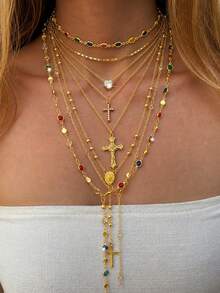 4/8pcs Fashion Minimalist Bohemian Colorful Rhinestone Heart & Cross Pendant Y-Shaped Chain Necklace Set, Layered Necklaces For Women, Suitable For Vacation, Date, Party, Ball, Banquet, Festival, Birthday Gift, Daily Wear - Yellow Gold - View 1