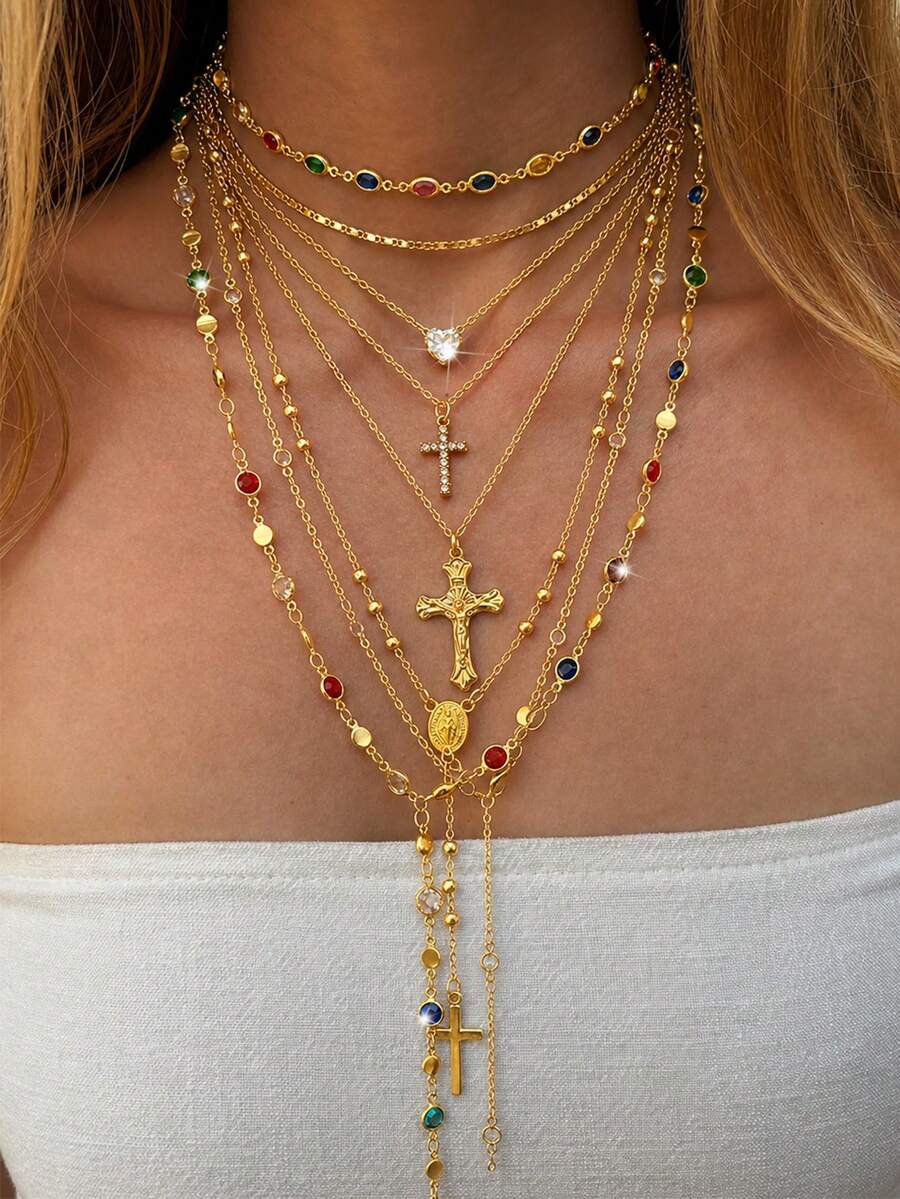 4/8pcs Fashion Minimalist Bohemian Colorful Rhinestone Heart & Cross Pendant Y-Shaped Chain Necklace Set, Layered Necklaces For Women, Suitable For Vacation, Date, Party, Ball, Banquet, Festival, Birthday Gift, Daily Wear - Yellow Gold - View 1